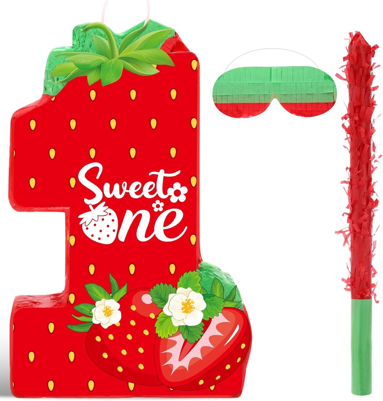 Strawberry 1st Birthday Piñata – Summer Berry Strawberry Party Game with Stick, Blindfold, Mask & Confetti for Girls’ Birthday, Baby Shower, or Strawberry-Themed Party
